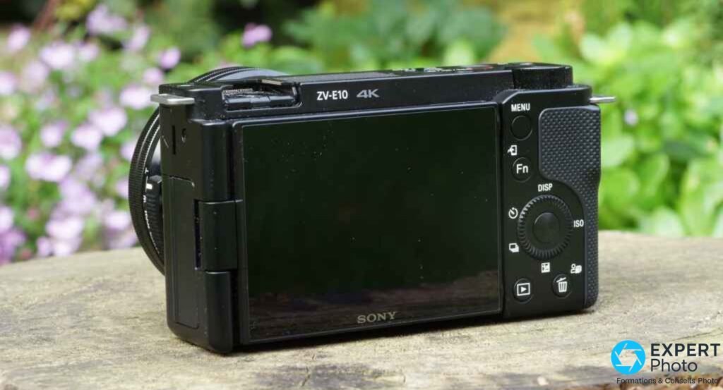 Sony ZV-E10 noir vue arrière, écran LCD éteint, boutons MENU Fn DISP ISO et molette de navigation visibles